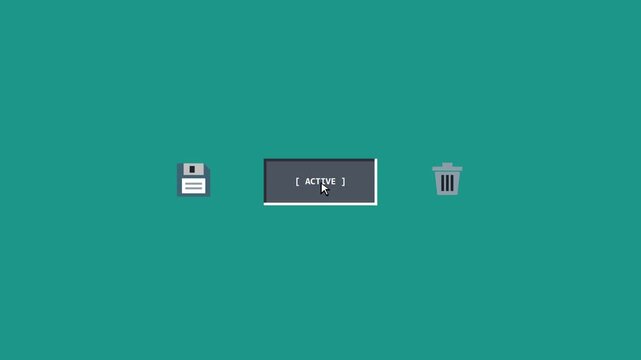 Retro 90s Style Computer Desktop User Interface Featuring Pixelated Floppy Disk and Trash Icons with a Clickable Button on a Solid Teal Background for Nostalgic Technology Concepts.