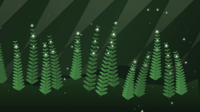 Glowing Fireflies Flying Over Green Ferns in Magical Night Forest Animation