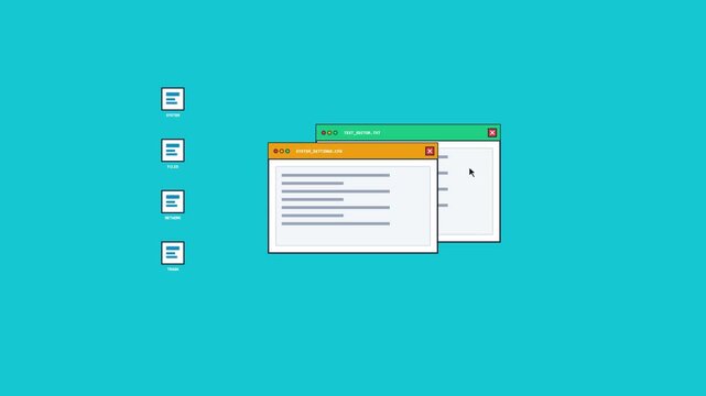Animated flat design illustration of a computer desktop interface where several colorful software windows and text documents are being closed by a mouse cursor on a solid blue background.