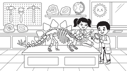 Black and white coloring page of children in a science lab examining a dinosaur skeleton, fossils, and tools also transparent background © PixelSaga MH2 