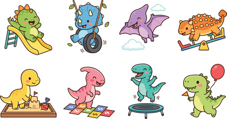Cute Cartoon Dinosaur Character Collection Featuring Playground Activities, Slide, Swing, Seesaw, Sandbox, Hopscotch, Trampoline, and Balloon © MdMehedi