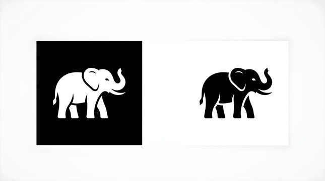 An icon of a white elephant on a black background and an icon of a black elephant on a white background.