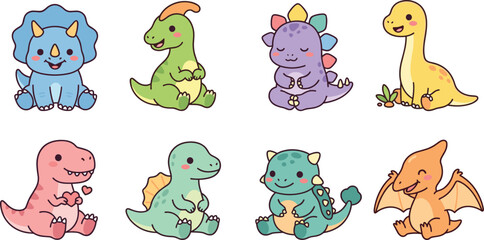 Cute Cartoon Dinosaur Character Collection Featuring Triceratops, T Rex, Stegosaurus, Brachiosaurus, Raptor, and Pterodactyl with Playful Poses © MdMehedi