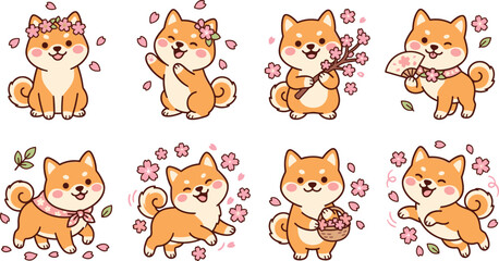 Fototapeta premium Cute Cartoon Shiba Inu Character Collection Featuring Cherry Blossoms, Floral Crowns, Fan, Basket, Scarf, Spring Flowers, and Japanese Inspired Themes