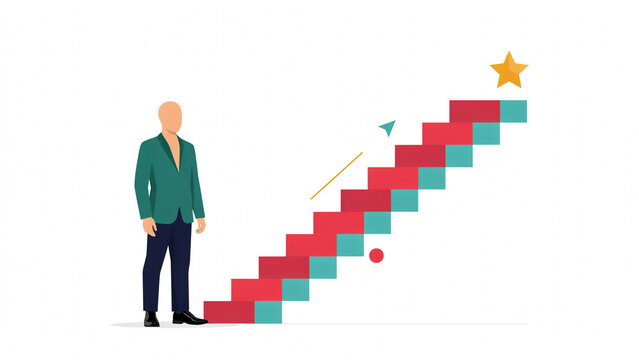 A businessman in a suit standing next to a staircase with red and blue steps and a golden star