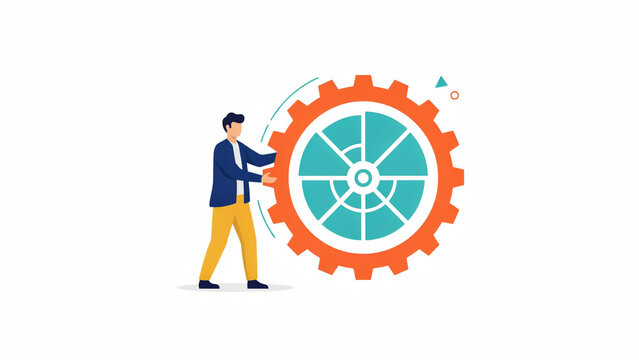 A businessman pushing a large orange and teal gear wheel on a plain white background surface