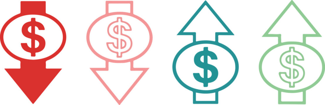 Dollar sign icons with arrows indicating financial decline and growth concepts