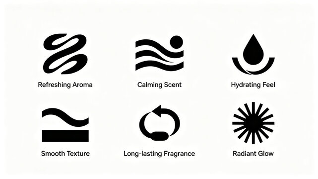 The minimalist curve fragrance skincare icon represents fresh fragrance, moisturizing sensation, and translucent luster, suitable for promoting fragrance beauty.
