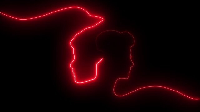 glowing neon Silhouettes of a man and woman heads. Friendship and sexual relationships. Digital, interactive and global communication concept. Male and female head silhouettes. Metaphor of empathy 4k