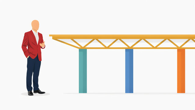 A man in a red blazer standing next to a yellow bridge structure with colorful pillars