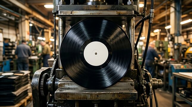 Close-up of a Black Vinyl Record Being Pressed in an Industrial Manufacturing Factory
