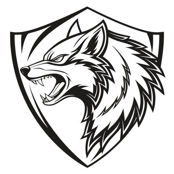 Fierce wolf head snarling with sharp teeth inside a protective shield emblem, black and white line on white background