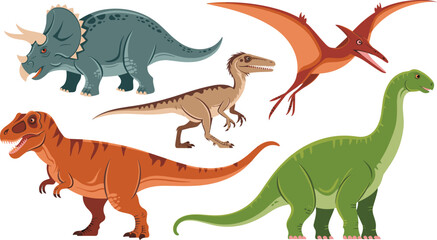 Prehistoric Dinosaur Characters Vector Set featuring Tyrannosaurus Rex Triceratops Pterodactyl Velociraptor and Brachiosaurus Illustrations © MstShalma