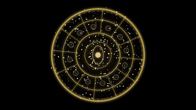 Golden astrological zodiac wheel rotating with star constellations during a mystical cosmic night