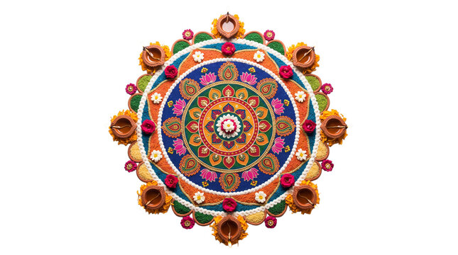 Colorful rangoli mandala pattern with diya lamp on white background