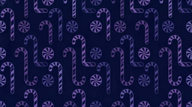 A cool-toned seamless pattern featuring subtle candy canes and peppermint swirls arranged in a repeating layout against a dark blue background.