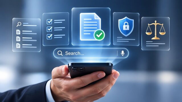 Man holding smartphone with digital interface showing legal security and document icons search bar and microphone for voice search