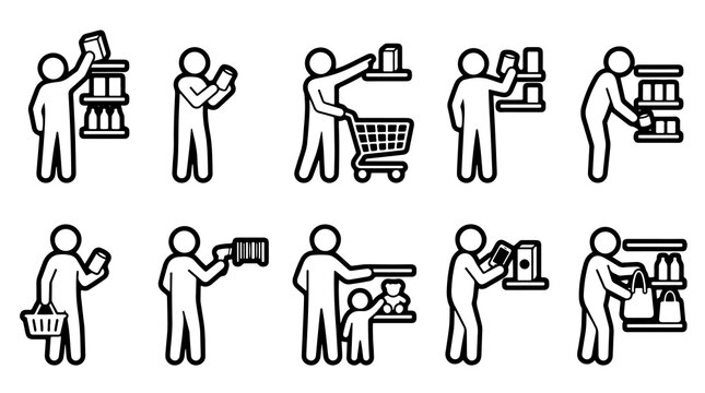 Minimalist supermarket shopping icon set, black line art customer pictograms, retail store buyer and consumer behavior stick figure icons