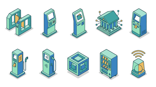 Collection of isometric icons representing modern automated services and technology.