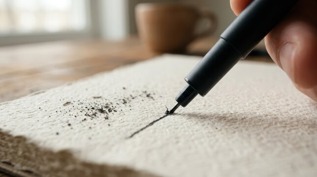 Close-up of a hand using a fine liner pen to draw a line on textured paper, with a coffee mug in the background