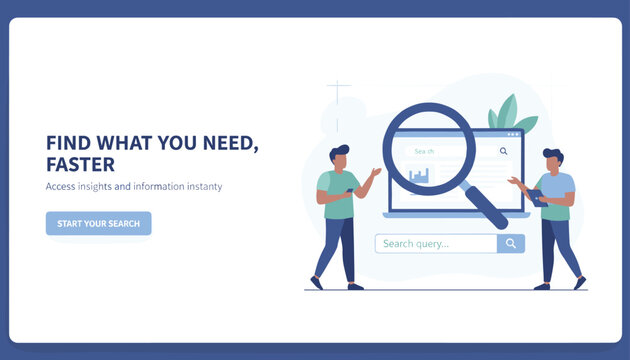 Finding information faster landing page web template with search query interface and users with magnifying glass.