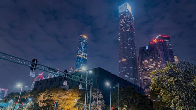 Night Skyline of Guangzhou Zhujiang New Town with Illuminated Skyscrapers in China in Zhujiang New Town, Guangzhou, China