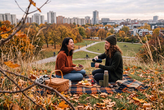 Friends sharing an autumn picnic near the city
