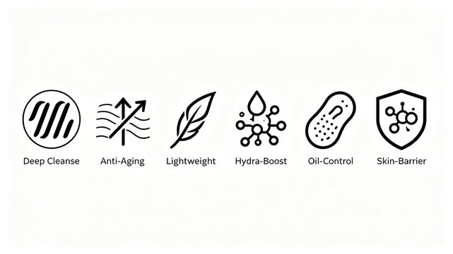 The simple line skin care function icon represents deep cleaning, anti-aging oil control, and strong barrier, which is applicable to the main picture of skin care products and e-commerce publicity.
