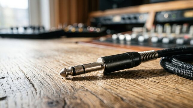 Close up on an audio jack connector resting on a wooden surface with recording studio equipment blurred in the background.