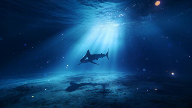 Silhouette of a shark swimming in the deep ocean with sun rays penetrating through the water.
