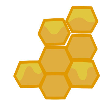 Simple honeycomb flat illustration with golden yellow liquid honey dripping. Hexagonal bee hive background pattern, icon and ciprat. Honeycomb background.