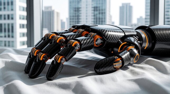 Close up of advanced robotic hand with carbon fiber texture on white fabric. Cybernetic prosthetic limb sits near window overlooking modern city skyscrapers. High tech bionic arm prototype shows