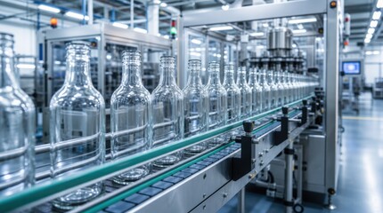 Naklejka na ściany i meble A modern factory conveyor belt with empty glass bottles lined up, ready for filling and packaging in a clean, automated production environment.