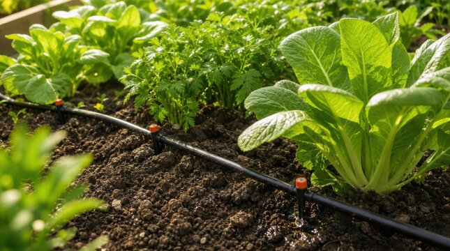 A close-up of a garden bed with green leafy vegetables and a drip irrigation system watering the soil.