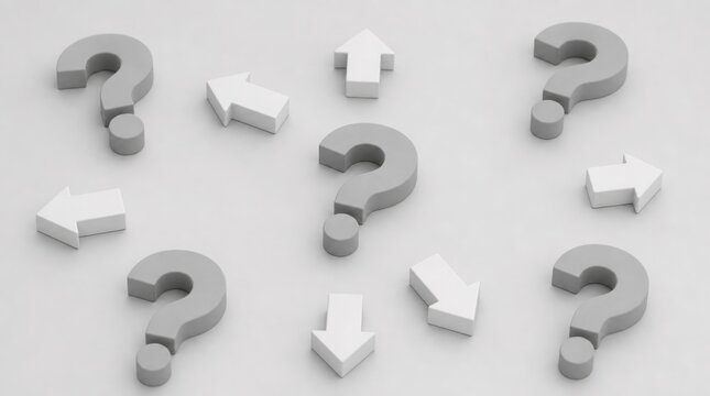 Gray question marks and white arrows point in various directions on a neutral background, symbolizing confusion and decision-making.