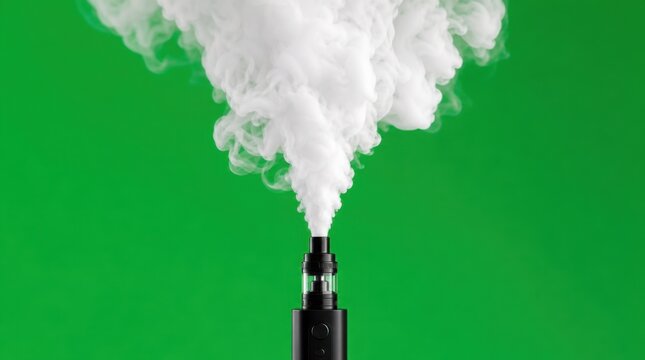 Black vape device emitting thick white vapor against a bright green background.
