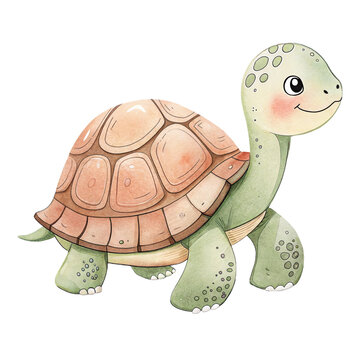 Cute watercolor illustration of a smiling green turtle animal isolated
