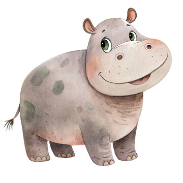 Cute watercolor illustration of a smiling grey hippopotamus animal isolated
