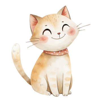 Cute watercolor illustration of a smiling red tabby cat animal isolated