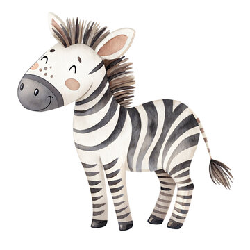 Cute watercolor illustration of a smiling striped zebra animal isolated