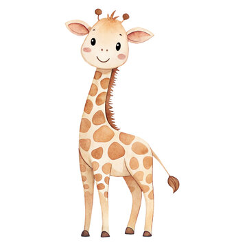 Cute watercolor illustration of a smiling spotted giraffe animal isolated