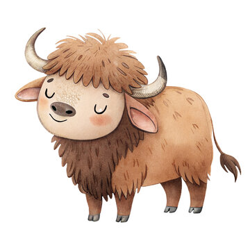 Cute watercolor illustration of a smiling fluffy brown bull animal isolated