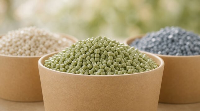 Three bowls filled with green, beige, and gray plastic pellets, used in manufacturing and industrial processes, placed on a light surface with a blurred background.