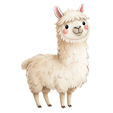 Cute watercolor illustration of a smiling fluffy cream llama animal isolated