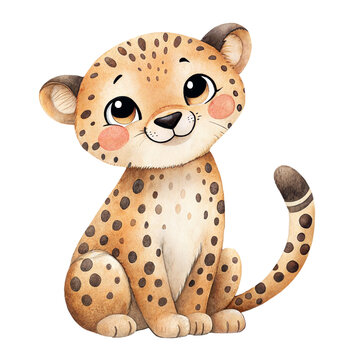 Cute watercolor illustration of a smiling spotted cheetah animal isolated
