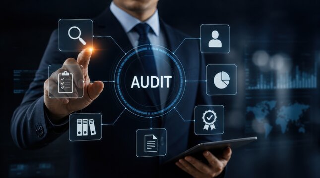 A businessman interacts with a virtual interface displaying audit-related icons and data visualization.