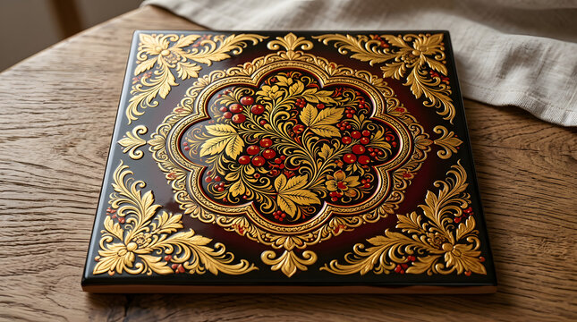 A square decorative book or album cover featuring ornate gold and floral embossing on a dark background.