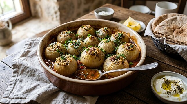 Stuffed onions simmered in savory tomato sauce sit in a rustic ceramic bowl on a wooden table.
