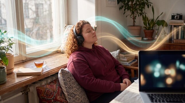Woman relaxing with headphones as AI personalizes music for her shown as ribbons of light