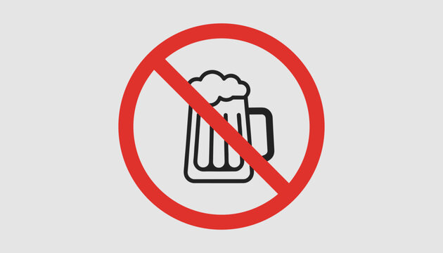 A clear and concise red circular prohibition sign, featuring a crossed-out beer mug, universally signifying no alcohol allowed or alcohol prohibited.